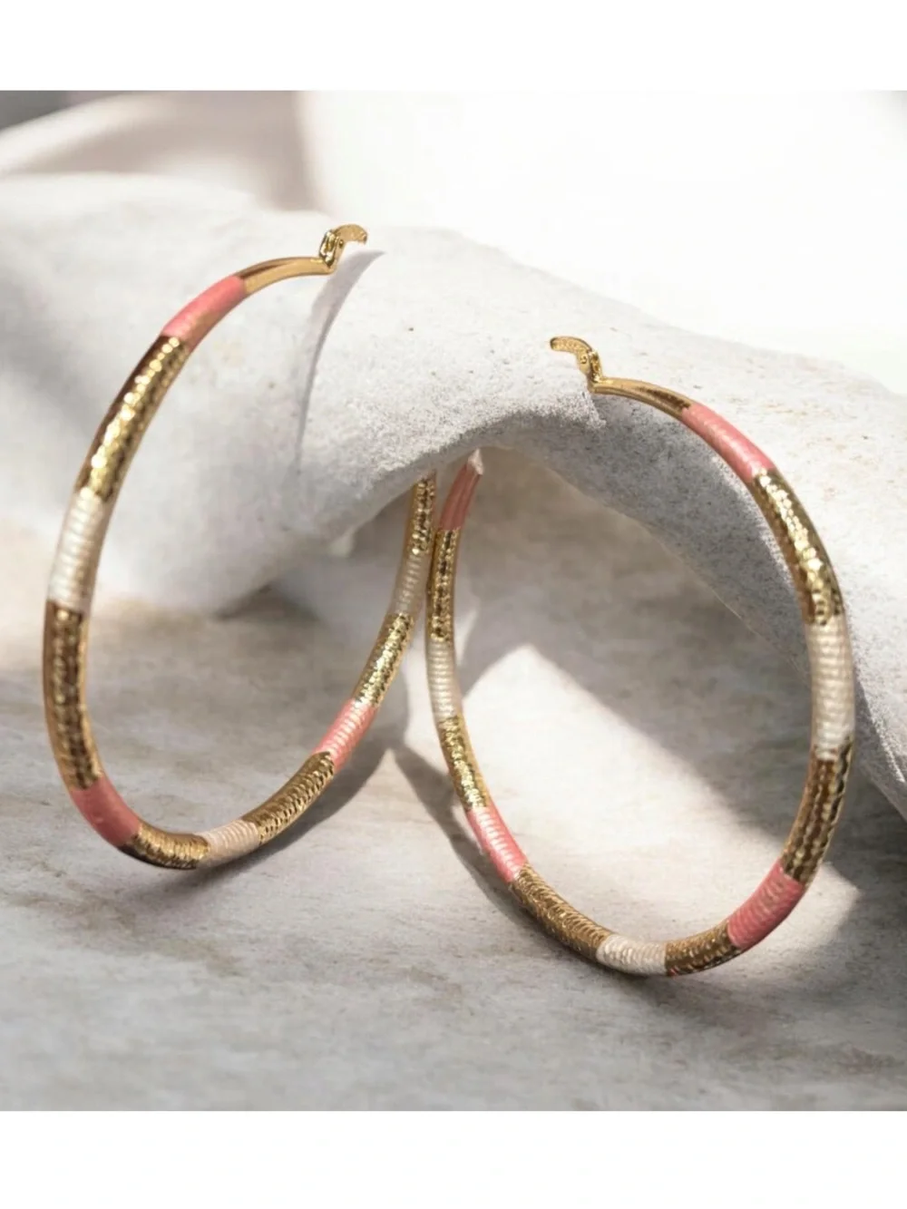 14k Gold Plated Pink and White Wrapped Hoop Earrings NWOT